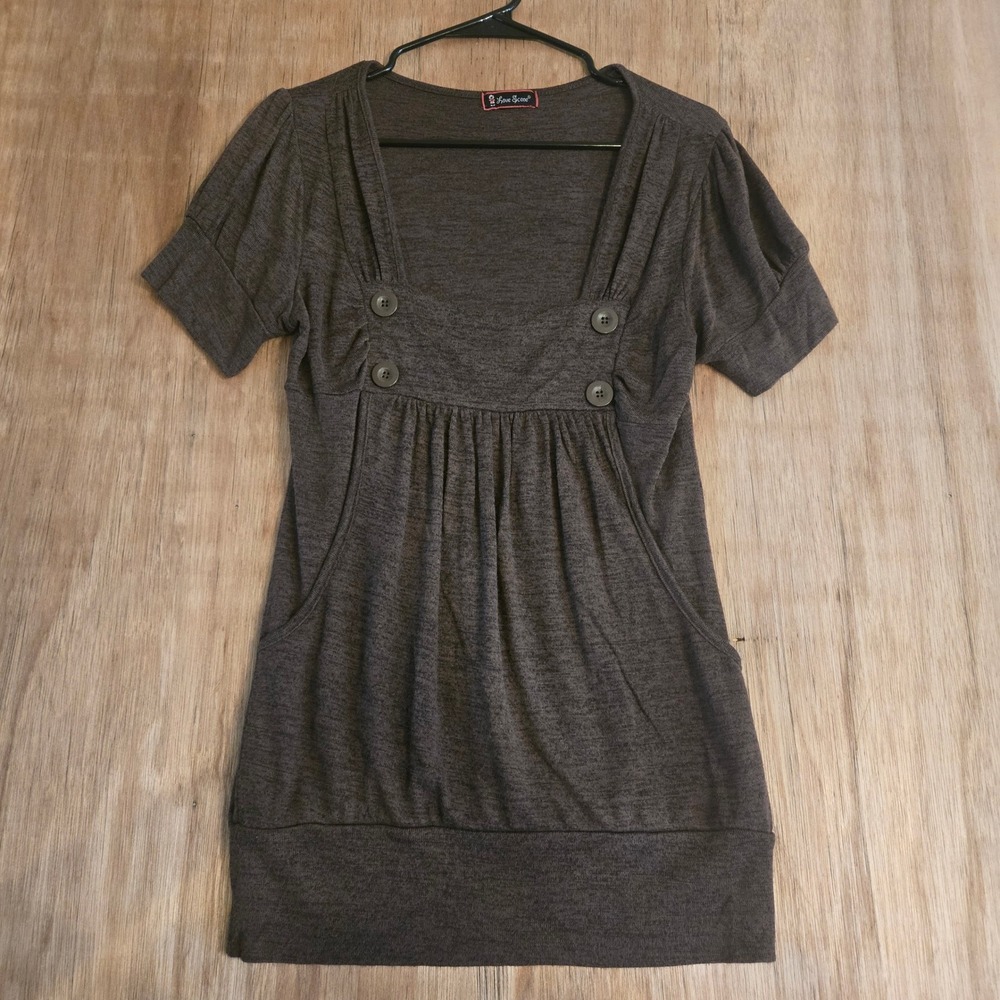 Y2K Babydoll Tunic Top Brown Square Neck Puff Sleeve Love Scene Small